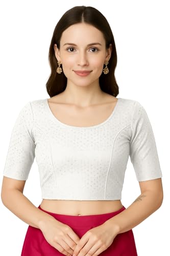 Jaanvi fashion Damen Rundhals Baumwolle Dobby Lycra Ellenbogenärmel Fertig Konfektionierte Saribluse, Ujala White, M Jaanvi fashion Damen Rundhals Baumwolle Dobby Lycra Ellenbogenärmel Fertig Konfektionierte Saribluse, Ujala White, M von Jaanvi fashion