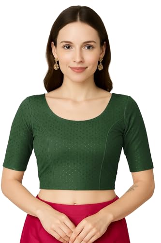 Jaanvi fashion Damen Rundhals Baumwolle Dobby Lycra Ellenbogenärmel Fertig Konfektionierte Saribluse, flaschengrün, L von Jaanvi fashion
