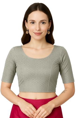 Jaanvi fashion Damen Rundhals Baumwolle Dobby Lycra Ellenbogenärmel Fertig Konfektionierte Saribluse, hellgrau, L von Jaanvi fashion