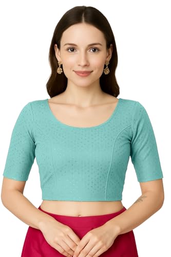Jaanvi fashion Damen Rundhals Baumwolle Dobby Lycra Ellenbogenärmel Fertig Konfektionierte Saribluse, himmelblau, XL von Jaanvi fashion