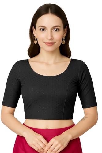 Jaanvi fashion Damen Rundhals Baumwolle Dobby Lycra Ellenbogenärmel Fertig Konfektionierte Saribluse, Schwarz , XL von Jaanvi fashion
