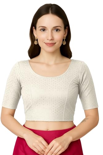 Jaanvi fashion Damen Rundhals Baumwolle Dobby Lycra Ellenbogenärmel Fertig Sari Bluse (Diwali Special), beige, XL von Jaanvi fashion