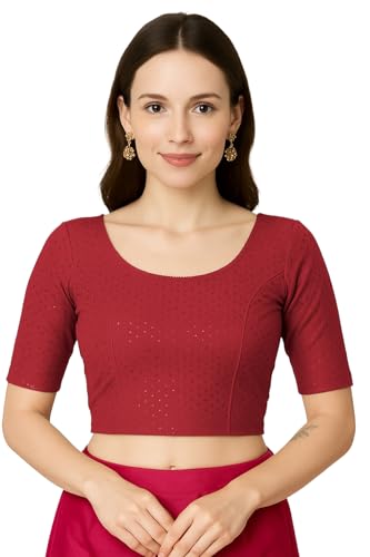 Jaanvi fashion Damen Rundhals Baumwolle Dobby Lycra Ellenbogenärmel Fertig Konfektionierte Saribluse, kastanienbraun, M von Jaanvi fashion