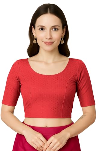 Jaanvi fashion Damen Rundhals Baumwolle Dobby Lycra Ellenbogenärmel Fertig Konfektionierte Saribluse, rot, XL Jaanvi fashion Damen Rundhals Baumwolle Dobby Lycra Ellenbogenärmel Fertig Konfektionierte Saribluse, rot, XL von Jaanvi fashion