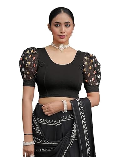 Jaanvi fashion Damen-Saree mit Rundhalsausschnitt, Lycra, dehnbar, Puffärmel, fertig konfektioniert, Schwarz , L von Jaanvi fashion