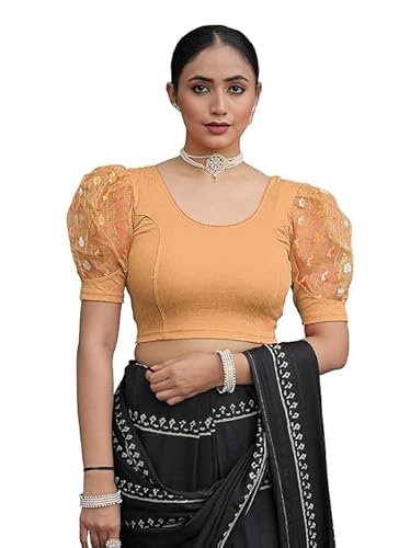 Jaanvi fashion Damen-Saree mit Rundhalsausschnitt, Lycra, dehnbar, Puffärmel, fertig konfektioniert, beige, XXL von Jaanvi fashion