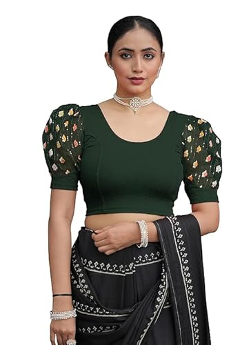 Jaanvi fashion Damen-Saree mit Rundhalsausschnitt, Lycra, dehnbar, Puffärmel, fertig konfektioniert, flaschengrün, M von Jaanvi fashion