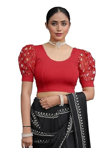 Jaanvi fashion Damen-Saree mit Rundhalsausschnitt, Lycra, dehnbar, Puffärmel, fertig konfektioniert, rot, M von Jaanvi fashion