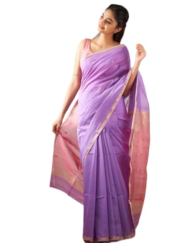 Jaanvi fashion Damen-Sari aus Baumwoll-Mischgewebe mit Zari-Arbeit und ungenähtem Blusenteil, Flieder, One size von Jaanvi fashion