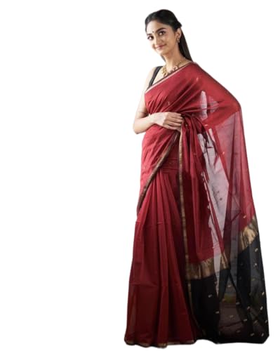 Jaanvi fashion Damen-Sari aus Baumwoll-Mischgewebe mit Zari-Arbeit und ungenähtem Blusenteil, Kastanienbraun, One size von Jaanvi fashion