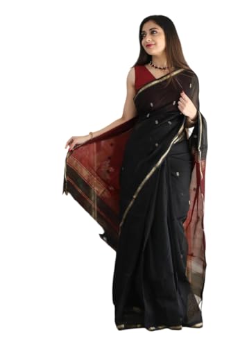 Jaanvi fashion Damen-Sari aus Baumwoll-Mischgewebe mit Zari-Arbeit und ungenähtem Blusenteil, Schwarz Kastanienbraun, One size von Jaanvi fashion