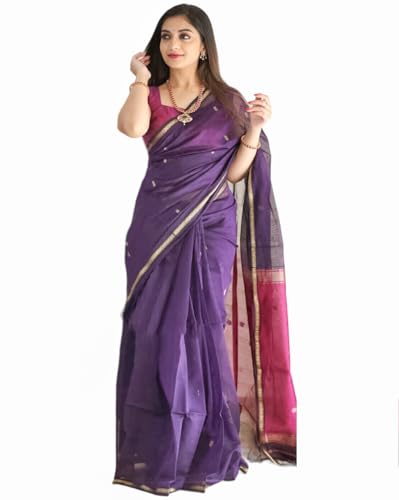 Jaanvi fashion Damen-Sari aus Baumwoll-Mischgewebe mit Zari-Arbeit und ungenähtem Blusenteil, dunkelviolett, One size von Jaanvi fashion