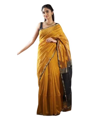 Jaanvi fashion Damen-Sari aus Baumwoll-Mischgewebe mit Zari-Arbeit und ungenähtem Blusenteil, gelb, One size von Jaanvi fashion