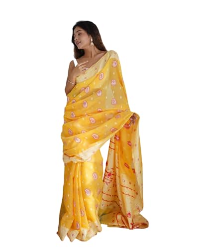 Jaanvi fashion Damen-Sari aus Baumwoll-Mischgewebe mit Zari-Arbeit und ungenähtem Blusenteil, sonnengelb, One size von Jaanvi fashion