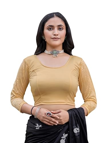 Jaanvi fashion Damen Stretch Baumwolle Lycra Fertig Konfektioniert Lange Ärmel Saree Bluse (Diwali Special), gold, S von Jaanvi fashion