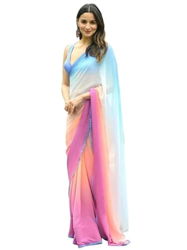 Jaanvi fashion Damen mehrfarbiger Georgette-Leheriya bedruckter Alia-Bhatt-Sari mit ungesäumtem Blusenteil (Diwali Special), mehrfarbig, One size von Jaanvi fashion