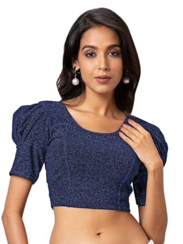 Jaanvi fashion Damenbluse aus glänzendem Polyster-Lycra, dehnbar, Rundhalsausschnitt, halbe Ärmel, blau, 46 von Jaanvi fashion