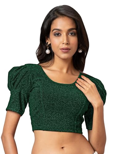 Jaanvi fashion Diwali Special Damen-Bluse aus glänzendem Polyster-Lycra, dehnbar, Rundhalsausschnitt, halbe Ärmel, flaschengrün, L von Jaanvi fashion