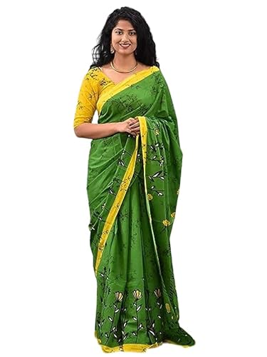 Jaanvi fashion Handicrafts Damen Ikat Blockdruck Baumwolle Mulmul Sari mit ungenähtem Blusenteil, grün, One size von Jaanvi fashion