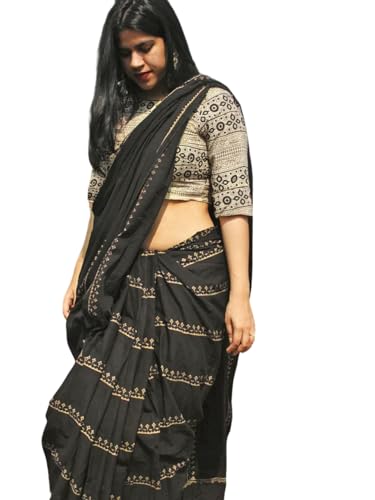 Jaanvi fashion Handicrafts Damen Ikat Hand Blockdruck Baumwolle Sari mit ungesäumtem Blusenteil (reva-black), Schwarz von Jaanvi fashion