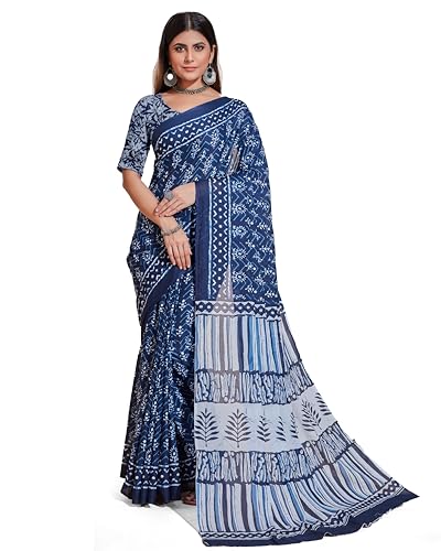 Jaanvi fashion Handicrafts Damen Ikat Hand Block Print Jaipuri Baumwolle Mulmul Sari mit ungenähtem Blusenteil, Indigoblau-2, One size von Jaanvi fashion