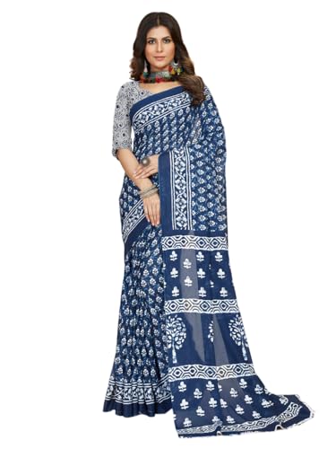 Jaanvi fashion Handicrafts Damen Ikat Hand Block Print Jaipuri Baumwolle Mulmul Sari mit ungesäumtem Blusenteil (Aayat-blue-re), indigoblau, One size von Jaanvi fashion