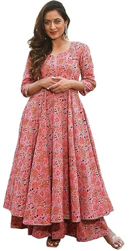 Jaanvi fashion Kurta-Palazzo-Hose für Damen, Baumwolle, Blumendruck, gerade, Muse Red, XXL von Jaanvi fashion