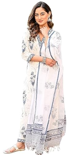 Jaanvi fashion Kurti Palazzo Damen-Palazzo-Hose mit Blumenmuster aus Baumwolle mit Dupatta, White Sky, M Jaanvi fashion Kurti Palazzo Damen-Palazzo-Hose mit Blumenmuster aus Baumwolle mit Dupatta, White Sky, M von Jaanvi fashion