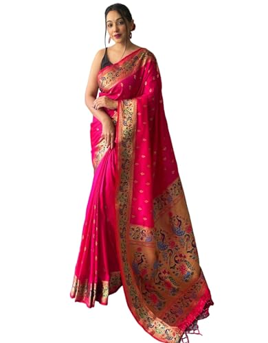 Jaanvi fashion Paithani Damen Seidensaree mit goldfarbenem Zari-Arbeits- und Blusenteil (Queenly-paithani-pink), Queen Pink, Einheitsgröße von Jaanvi fashion