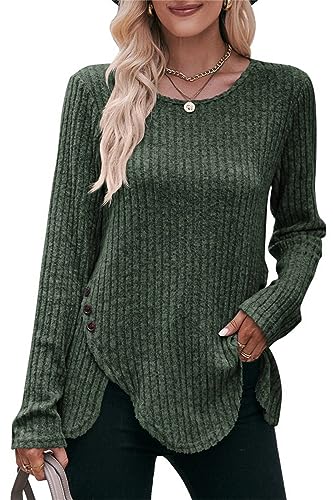 Jabeiyou Damen Langarmshirt Rundhals Oberteile Casual Gebürstet Unifarben Dekorative Knöpfe Tshirt Tops Longshirt Mehrfarbig Größe S-XXL von Jabeiyou