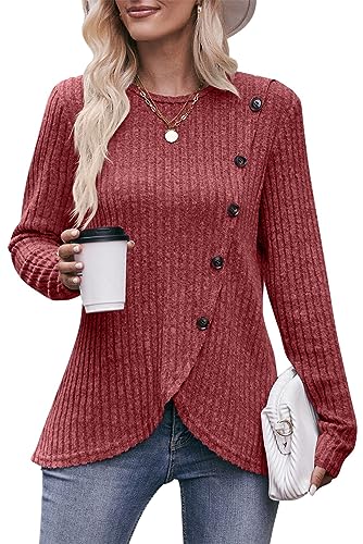 Jabeiyou Damen Langarmshirt Rundhals Oberteile Casual Gebürstet Unifarben Dekorative Knöpfe Tshirt Tops Longshirt Mehrfarbig Größe S-XXL von Jabeiyou