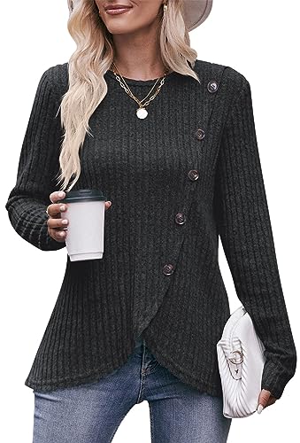 Jabeiyou Damen Langarmshirt Rundhals Oberteile Casual Gebürstet Unifarben Dekorative Knöpfe Tshirt Tops Longshirt Mehrfarbig Größe S-XXL von Jabeiyou