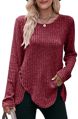 Jabeiyou Damen Langarmshirt Rundhals Unregelmäßig Oberteile Shirts Casual Unifarben Gebürstet Dekorative Knöpfe Tshirt Tops Longshirt Mehrfarbig Größe S-XXL von Jabeiyou