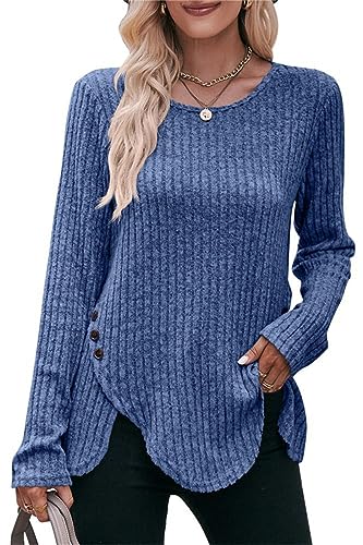 Jabeiyou Damen Langarmshirt Rundhals Unregelmäßig Oberteile Shirts Casual Unifarben Gebürstet Dekorative Knöpfe Tshirt Tops Longshirt Mehrfarbig Größe S-XXL von Jabeiyou