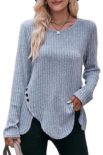 Jabeiyou Damen Langarmshirt Rundhals Unregelmäßig Oberteile Shirts Casual Unifarben Gebürstet Dekorative Knöpfe Tshirt Tops Longshirt Mehrfarbig Größe S-XXL von Jabeiyou