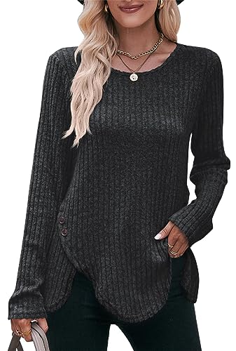 Jabeiyou Damen Langarmshirt Rundhals Unregelmäßig Oberteile Shirts Casual Unifarben Gebürstet Dekorative Knöpfe Tshirt Tops Longshirt Mehrfarbig Größe S-XXL von Jabeiyou