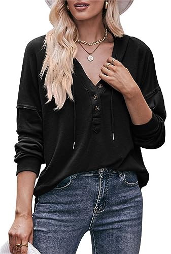 Jabeiyou Tunika mit Kapuze Damen Langarm V-Ausschnitt Oberteile Casual Lose Kordelzug Kapuzenpullover Sweatshirt Tops Mehrfarbig Größe S-XXL von Jabeiyou