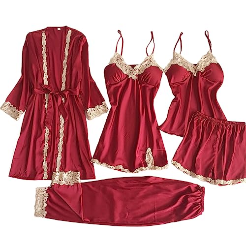 5-teiliges Set Dessous-Sets Damen Dessous Frauen Lace Babydoll Nachtwäsche Nachthemd Einfarbig Pyjamas Set Kimono Morgenmantel Satin Bademantel Seide Roben V Ausschnitt Mit Blumenspitze von Jabidoos