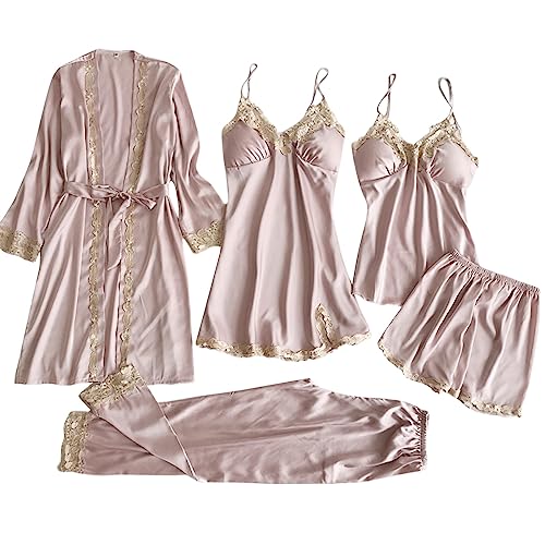 5-teiliges Set Dessous-Sets Damen Dessous Frauen Lace Babydoll Nachtwäsche Nachthemd Einfarbig Pyjamas Set Kimono Morgenmantel Satin Bademantel Seide Roben V Ausschnitt Mit Blumenspitze von Jabidoos