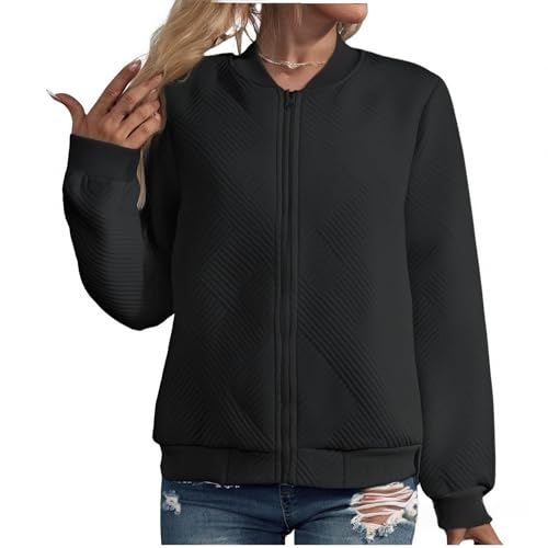 Bomberjacke Damen Blouson Jacke Leichte Langarm Sportjacke Baumwolle Sweatjacke Rundhals ÜBergangsjacke ReißVerschluss Zip Outwear Fleecejacke MäNtel Solid Elegant Pilotenjacke Trainingsjacke, Schwarz von Jabidoos