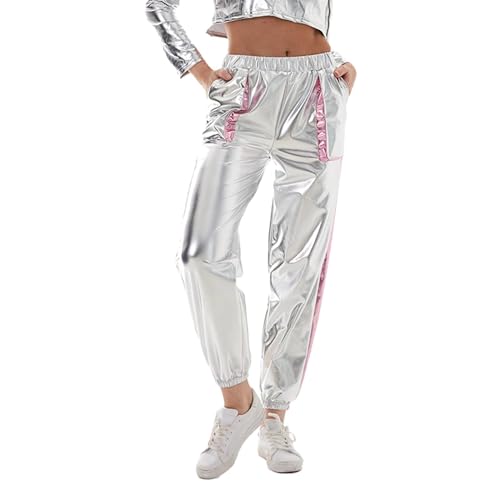 Damen Metallic Glitzer Hose Damen Space Girl Alien Kostüm Silberne Hose Casual Farbe Streetwear Hosen Hip Hop Glatte Elastische Jogginghose 70Er Lange Hose Frauen Tanzhosen Party Disco Clubwear von Jabidoos