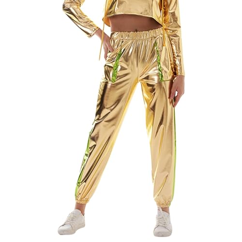 Damen Metallic Glitzer Hose Damen Space Girl Alien Kostüm Silberne Hose Casual Farbe Streetwear Hosen Hip Hop Glatte Elastische Jogginghose 70Er Lange Hose Frauen Tanzhosen Party Disco Clubwear von Jabidoos