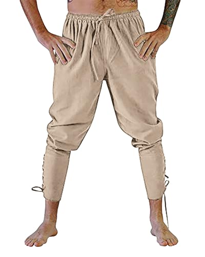 Jacansi Freizeithose Wikinger Renaissance Hose Herren Mittelalter Einfarbige Schnürhose Sommer Fueri Herren Khaki 3XL von Jacansi