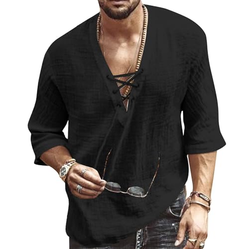 Jacansi Herren Baumwolle Leinen Hemd Kordelzug Halbarm Casual Lace Up Freizeithemd Casual Shirt Sommer Strand Tops Schwarz L von Jacansi