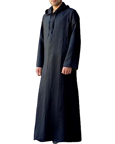 Jacansi Herren Button-Down-Robe Baumwolle Leinen Kaftan mit Kapuze Sommer Casual Thobe Schwarz L von Jacansi