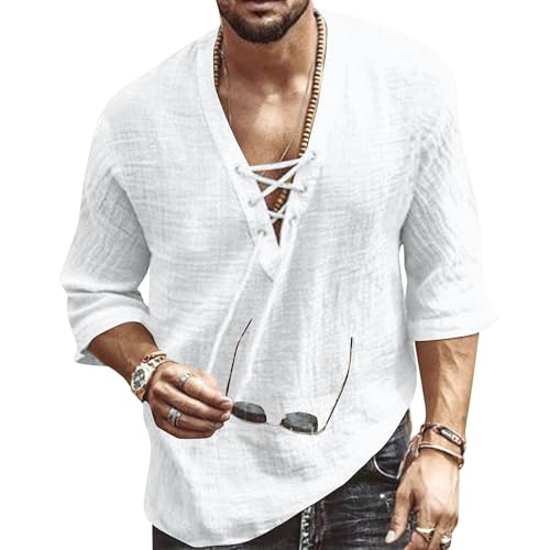 Jacansi Herren Freizeithemd Baumwolle Leinenhemden 3/4 Ärmel V-Ausschnitt Schnürshirts Strand Sommerhemd Yoga Tops Weiß L von Jacansi