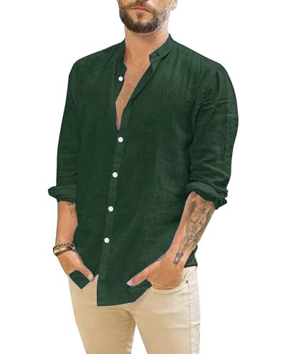 Jacansi Herren Freizeithemd Leinenhemd Baumwolle Langarm Hemd Sommer Strand Hemden Casual Shirt Grün 3XL von Jacansi