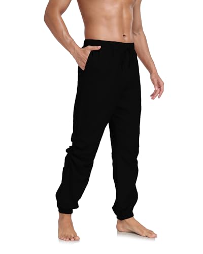 Jacansi Herren Kordelzug Hosen Freizeithose Leinen Strandhose Elastische Taille Yoga Hose Casual Pants Schwarz XL von Jacansi