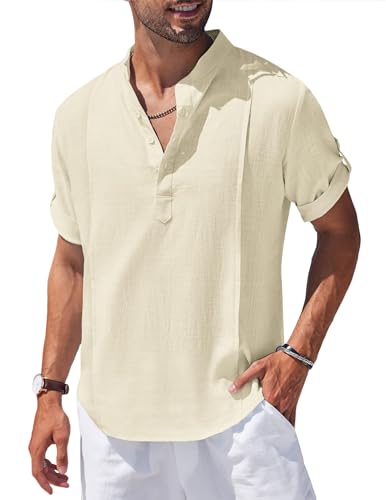 Jacansi Herren Kurzarm Leinen Hemden Freizeithemden Männer Sommer Hemd Regular Fit Henley Shirts Tops Beige M von Jacansi