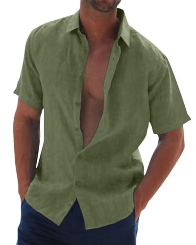 Jacansi Herren Kurzarm Leinen Hemden Freizeithemden Männer Sommerhemd Regular Fit Button Down Shirts Tops Armeegrün M von Jacansi